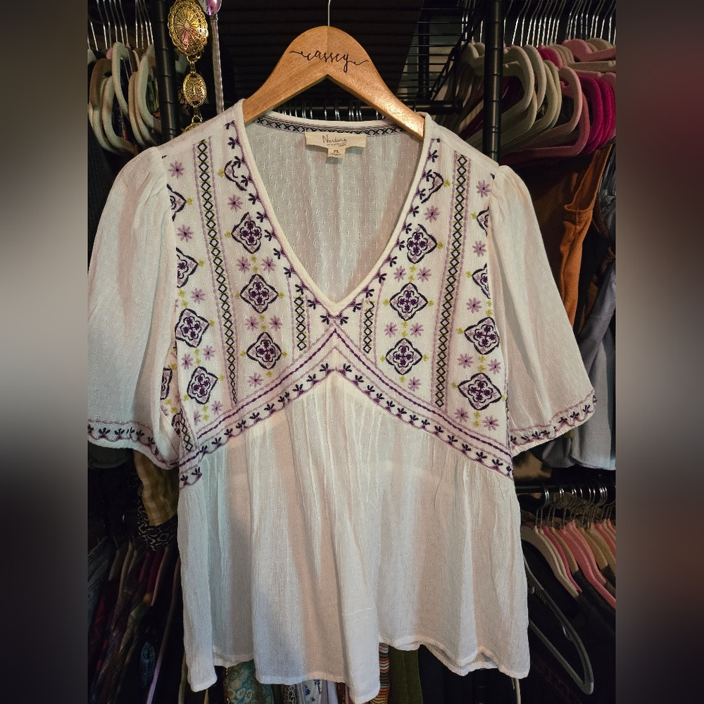 Nurture White and Purple Embroidered Blouse